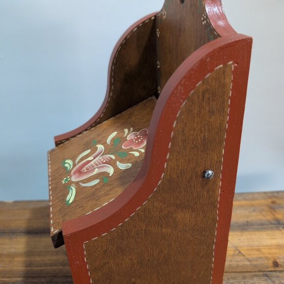 Wooden Vintage Rosemaled Recipe Card Trinket Storage Box - Picture 5 of 6